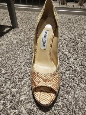 Jimmy Choo Women's Tan Snake-Print Peep-Toe Pump